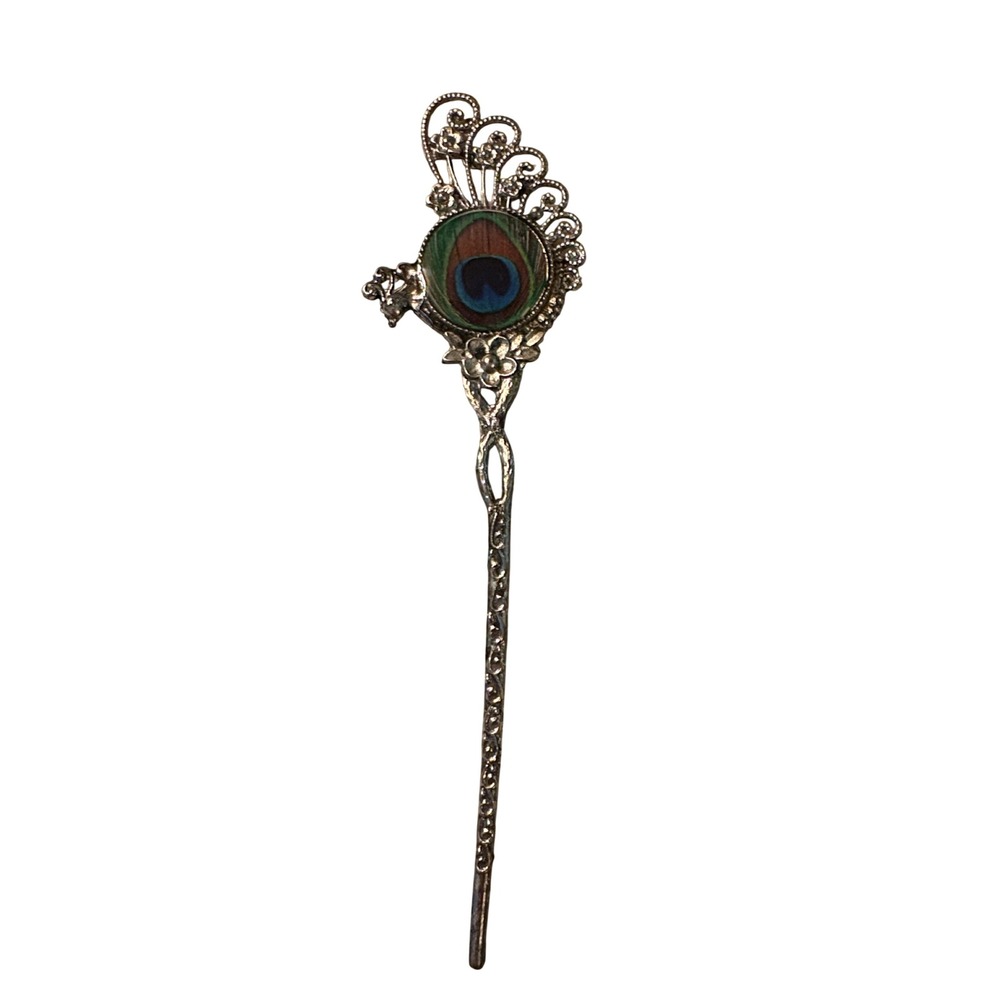 Indian Peacock Hair Stick Oxidized Silver Feather Filigree Boho Vintage Style